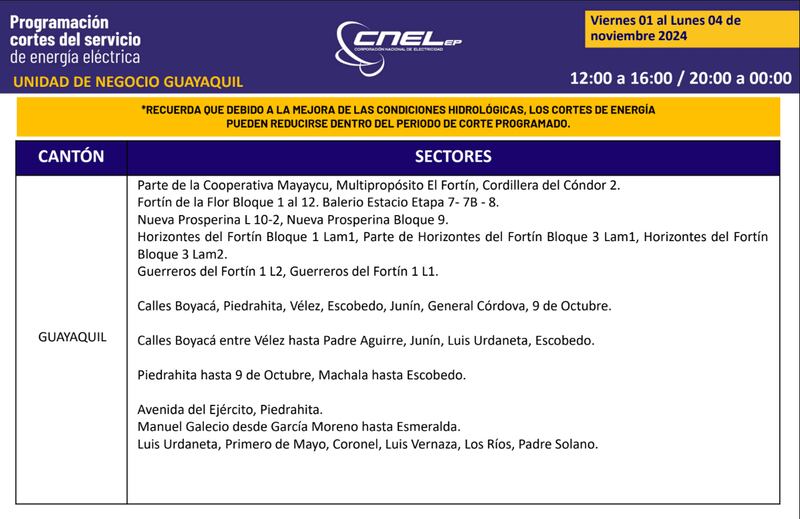 Guayaquil: Así quedan los nuevos horarios de cortes de luz para el feriado de noviembre