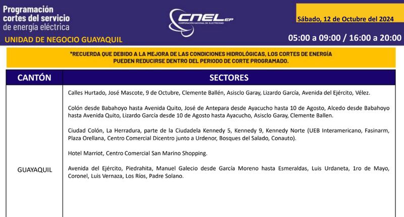 Cortes de luz Guayaquil 12 de octubre