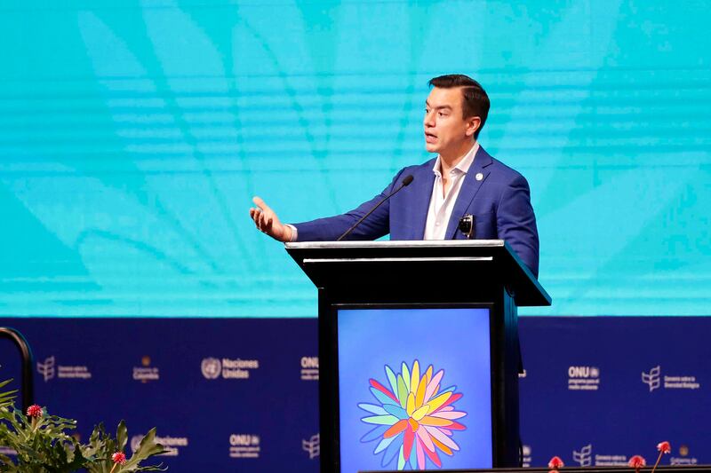 El presidente de Ecuador, Daniel Noboa, habla durante el segmento de alto nivel de la Conferencia de la ONU sobre Biodiversidad Biológica (COP16)