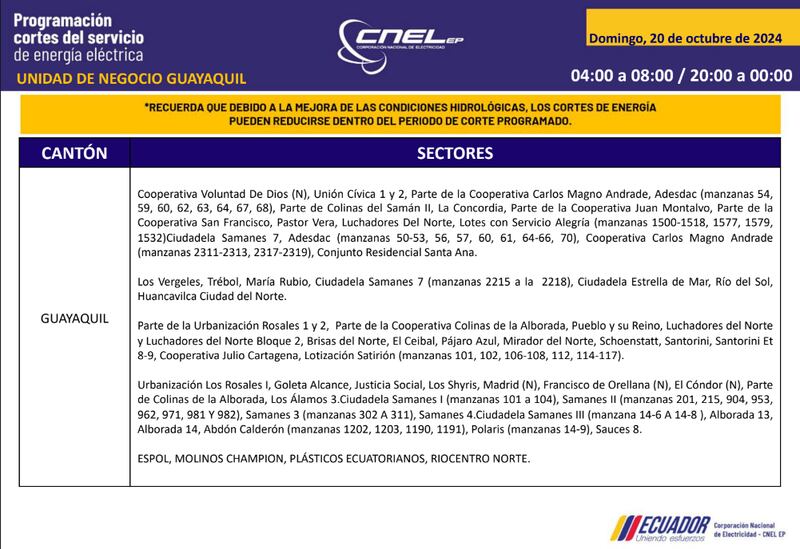 Guayaquil: horarios de cortes de luz para este sábado 19 y domingo 20 de octubre. Imagen: CNEL