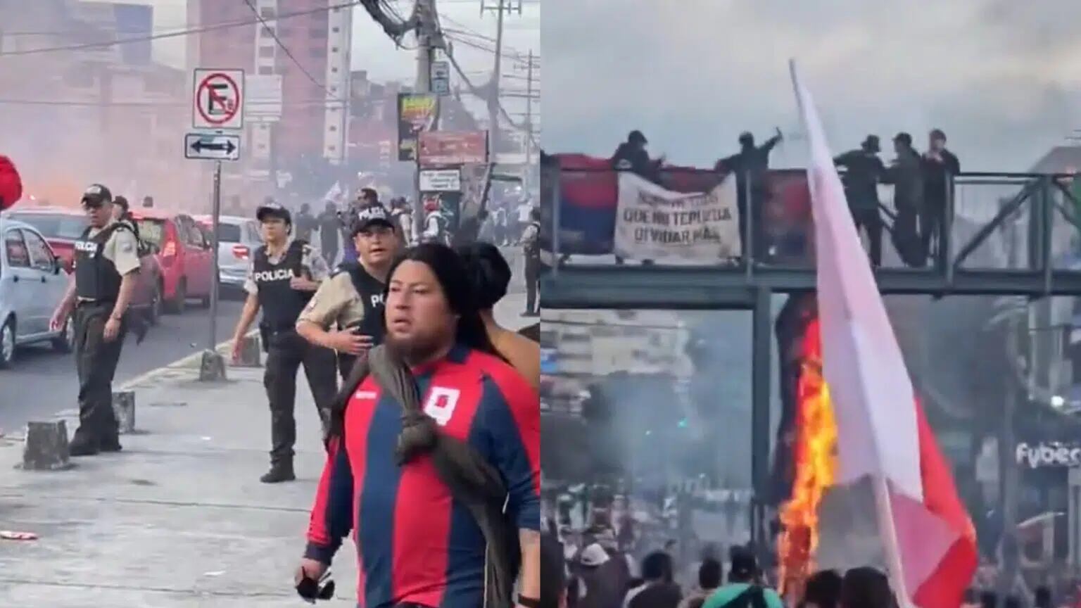 Hinchas e Liga de Quito queman bandera del Deportivo Quito en la Noche Azulgrana