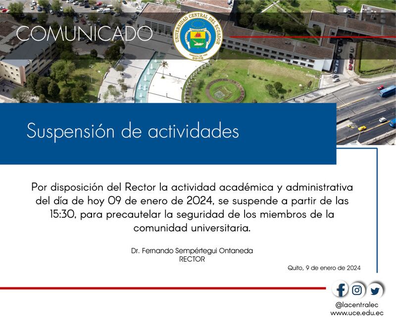 Suspende actividades académicas y administrativas en la Universidad Central.