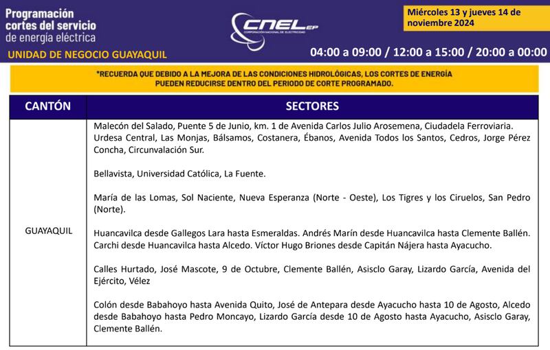 Cortes de luz en Quito 13 y 14 de noviembre