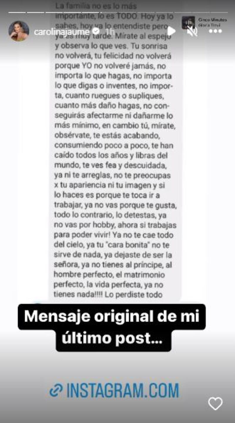 Carolina Jaume reveló ataques psicológicos de Allan Zenck (Foto: Captura de pantalla Instagram @carolinajaume)