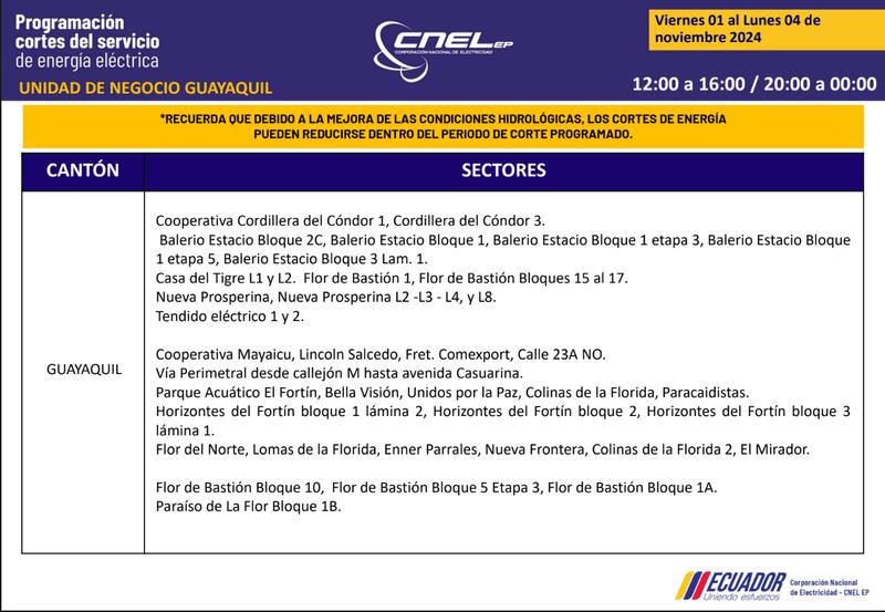 Guayaquil: Así quedan los nuevos horarios de cortes de luz para el feriado de noviembre