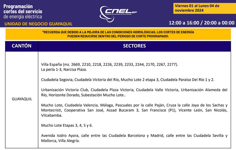 Guayaquil: Así quedan los nuevos horarios de cortes de luz para el feriado de noviembre