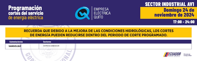 (SECTOR INDUSTRIAL) Cortes de luz en Quito del domingo 24 de noviembre