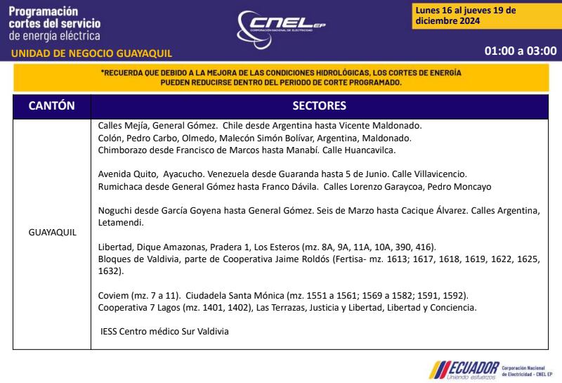 Guayaquil: nuevos horarios de apagones de dos horas del 16 al 19 de diciembre. Imagen: CNEL