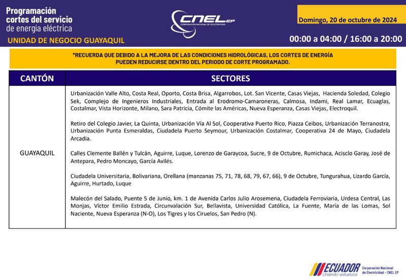 Guayaquil: horarios de cortes de luz para este sábado 19 y domingo 20 de octubre. Imagen: CNEL