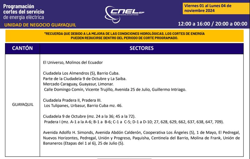 Guayaquil: Así quedan los nuevos horarios de cortes de luz para el feriado de noviembre