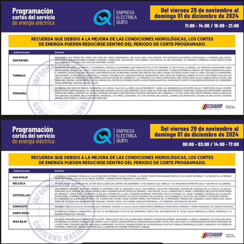 Cortes de luz Quito 30 de noviembre