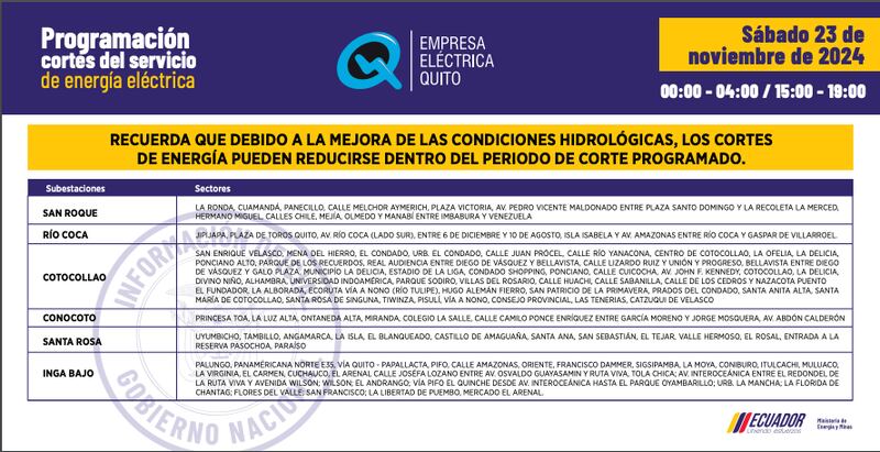 CORTES DE LUZ QUITO SABADO 23 DE NOVIEMBRE