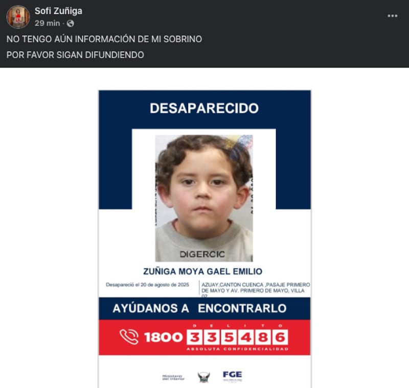 Gael Zúñiga, niño desaparecido desde el 20 de agosto