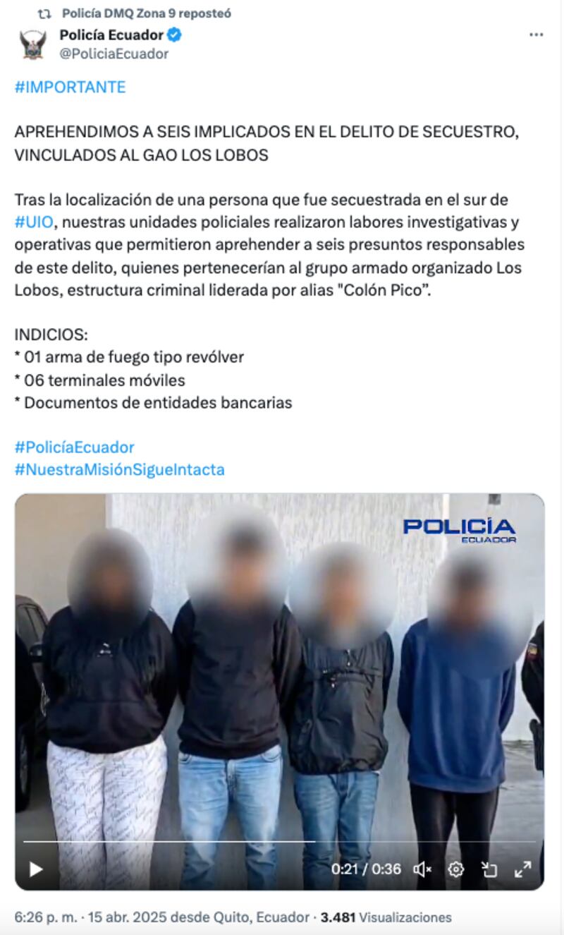 Caen presuntos integrantes de la “Mafia de Colón Pico” tras liberación de una mujer secuestrada en el sur de Quito