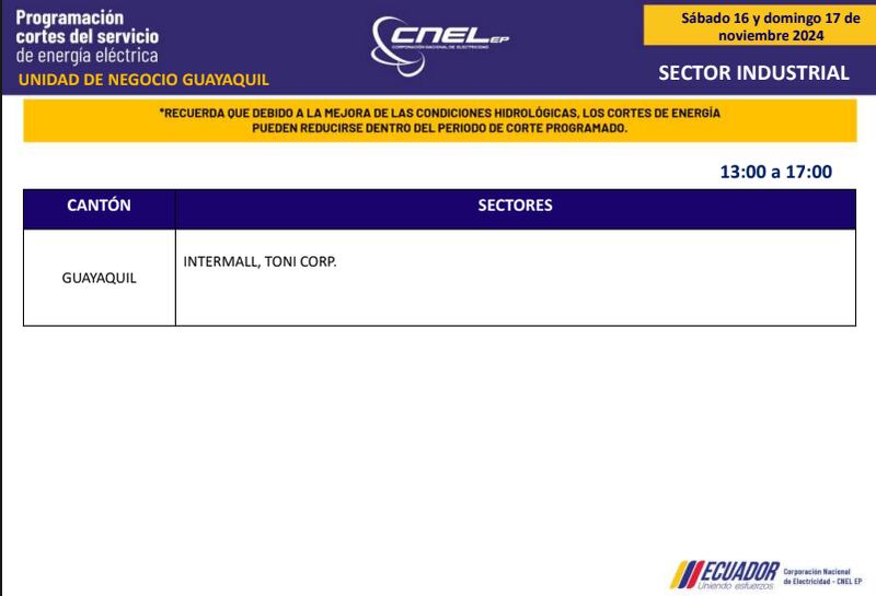 Guayaquil: horarios de cortes de luz de este domingo 17 de noviembre. Imagen: CNEL