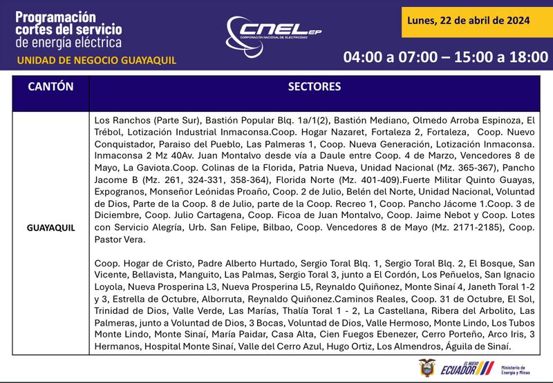 Cortes de luz en Guayaquil este 22 de abril