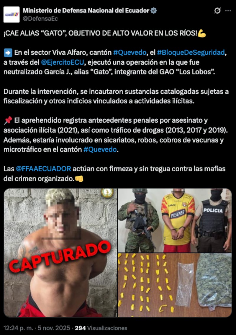 Alias ‘Gato’, detenido en Quevedo, tiene amplio historial delictivo.