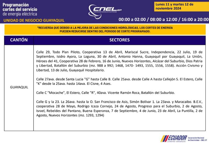 Cortes de luz en Guayaquil el 11 y 12 de noviembre