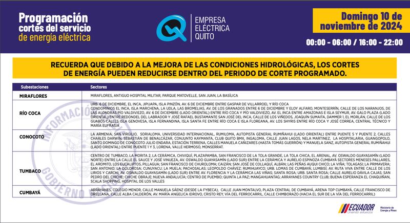 NUEVOS HORARIOS DE CORTES DE ESTE DOMINGO 10 DE NOVIEMBRE EN QUITO: