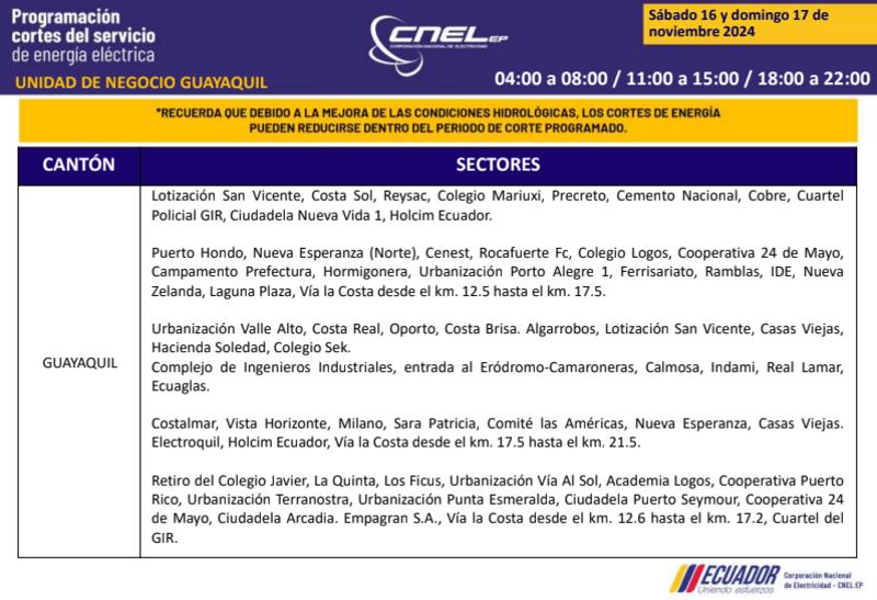 Guayaquil: horarios de cortes de luz de este domingo 17 de noviembre. Imagen: CNEL