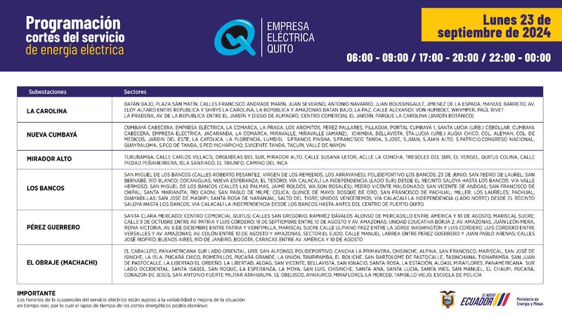 Nuevos horarios de cortes de luz para Quito