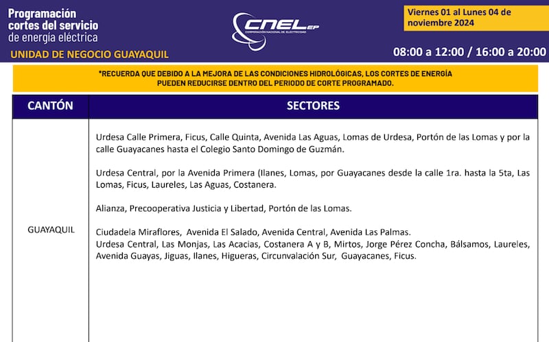 Guayaquil: Así quedan los nuevos horarios de cortes de luz para el feriado de noviembre