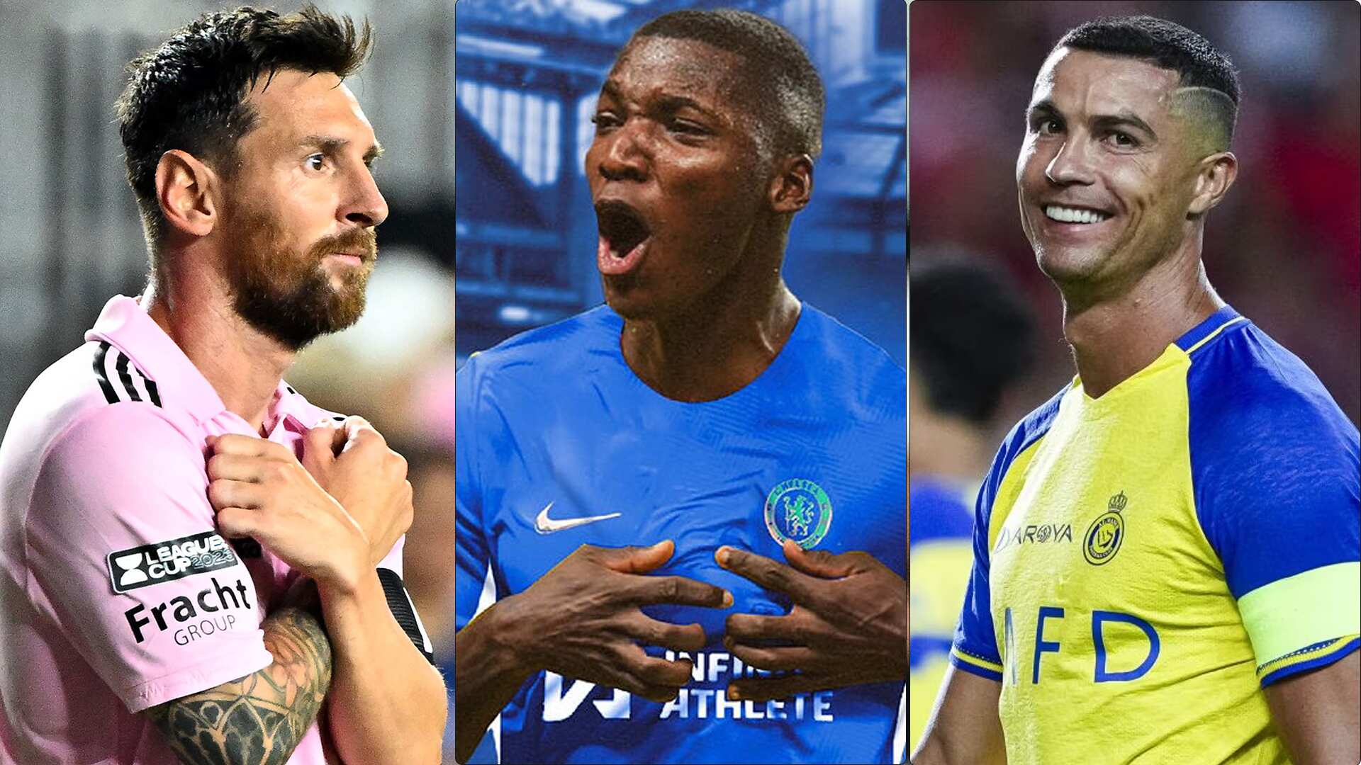 Lionel Messi, Cristiano Ronaldo y Moisés Caicedo.