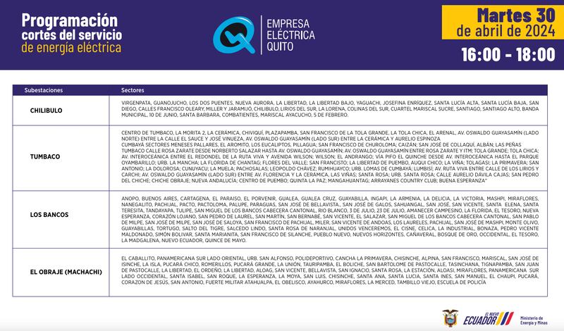 Quito: así quedan los horarios de cortes de luz para este martes 30 de abril.