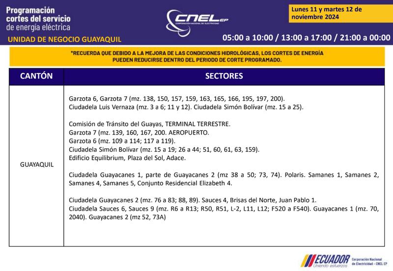 Cortes de luz en Guayaquil el 11 y 12 de noviembre