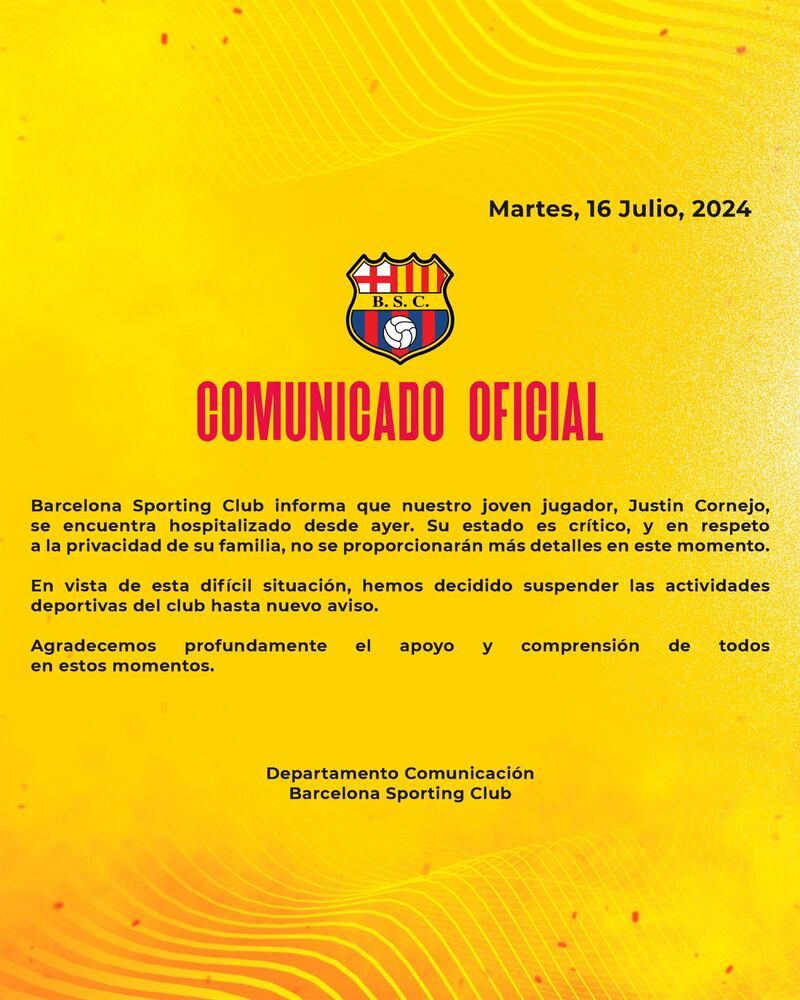 Comunica de BSC sobre Justin Cornejo