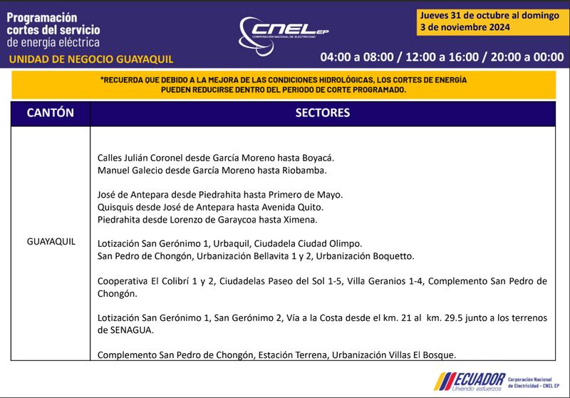 Cortes de luz en Guayaquil del 31 de octubre al 3 de noviembre