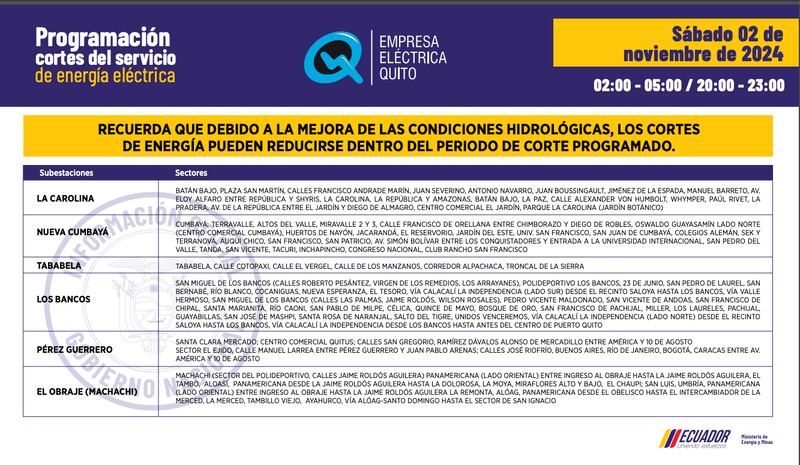 Cortes de luz en Quito: cambian los horarios para el 03 y 04 de noviembre