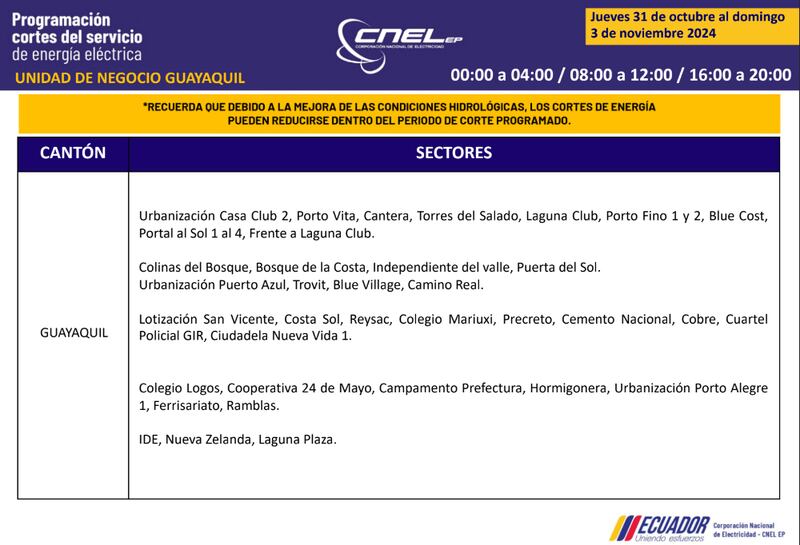 Cortes de luz en Guayaquil del 31 de octubre al 3 de noviembre
