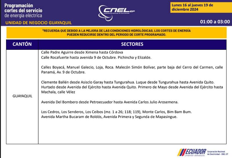 Guayaquil: nuevos horarios de apagones de dos horas del 16 al 19 de diciembre. Imagen: CNEL