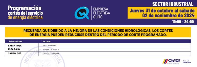 Cortes de luz del 31 de octubre al 2 de noviembre en Quito