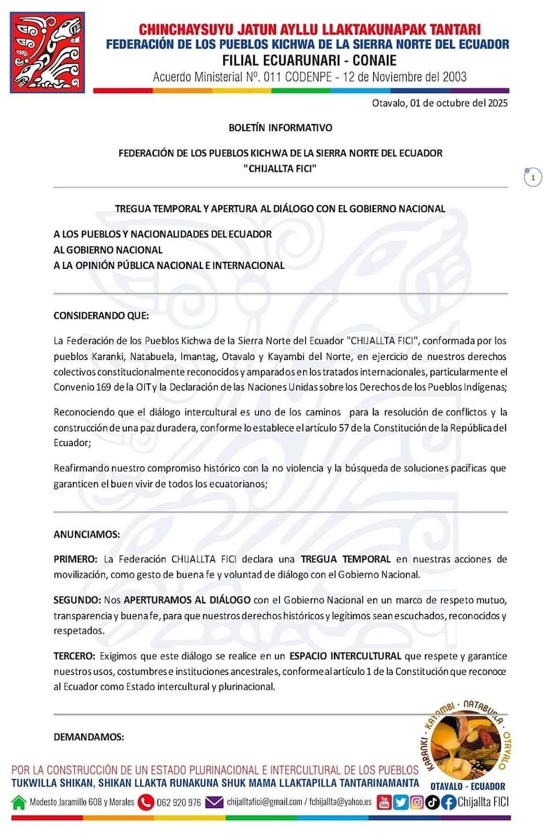 Pueblos Kichwa de la Sierra Norte proponen “tregua temporal” y apertura al diálogo con el Gobierno