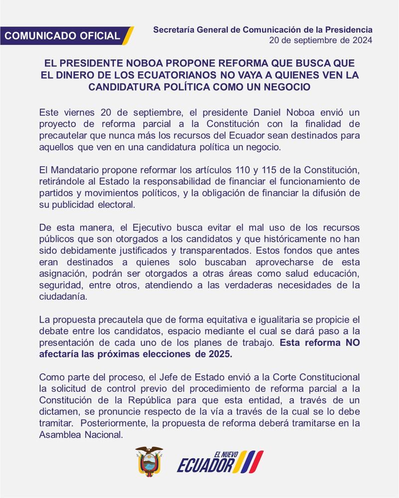 Daniel Noboa propone reforma que busca que el dinero de los ecuatorianos no vaya a quienes ven en la política un negocio