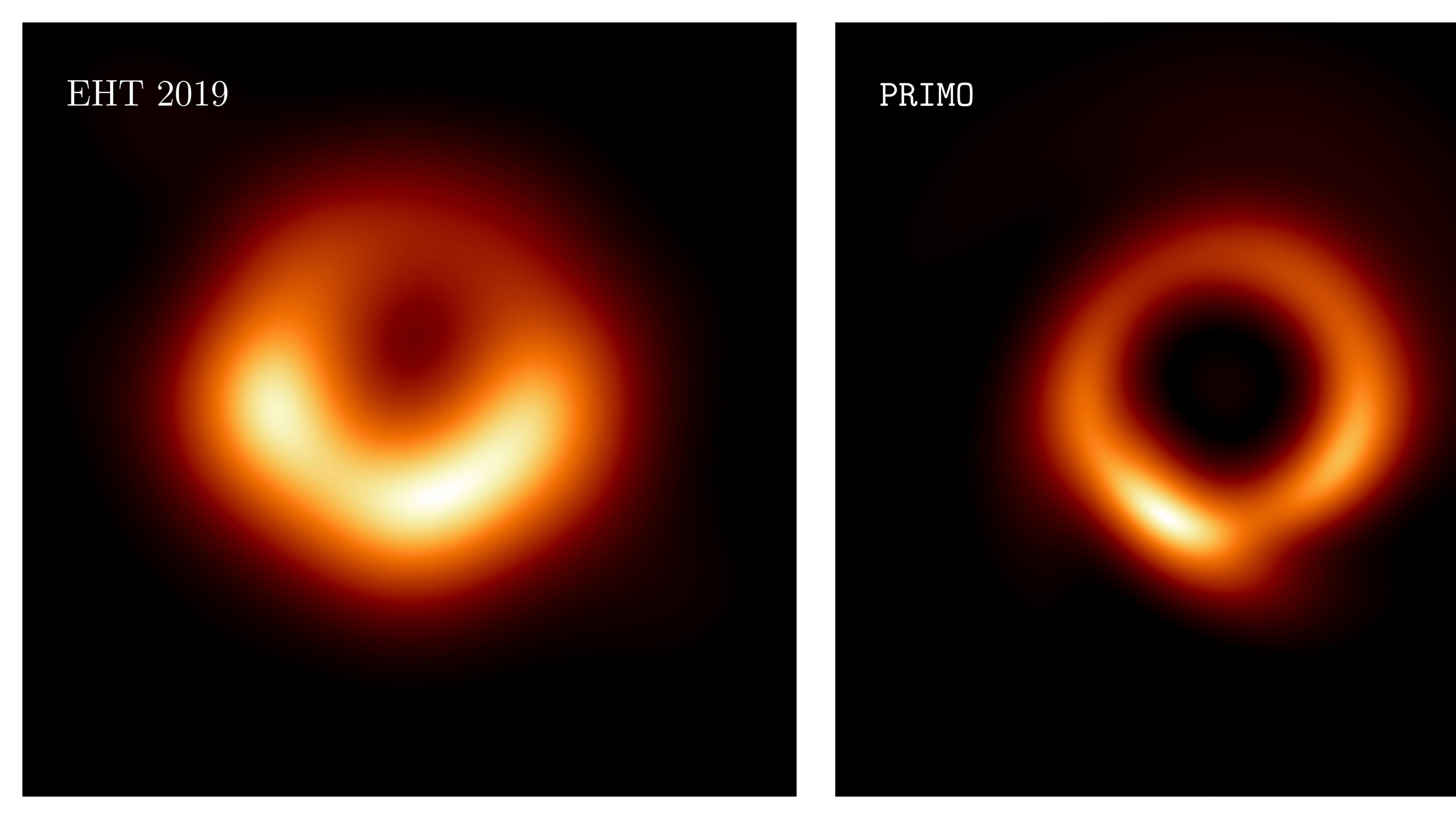 Esta combinación de imágenes de la investigadora Lia Medeiros muestra imágenes del agujero negro M87 distribuida en 2018, izquierda, y actualizada en 2023.