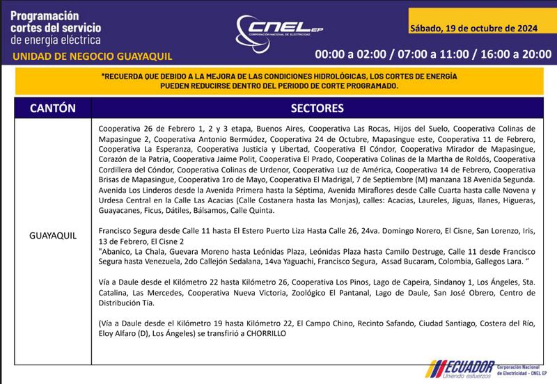 Guayaquil: horarios de cortes de luz para este sábado 19 y domingo 20 de octubre. Imagen: CNEL