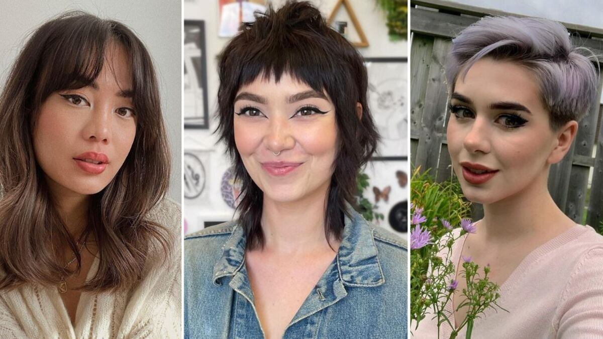 Una mujer con un fleco cortina, otra con un corte mullet y otra con un corte pixie