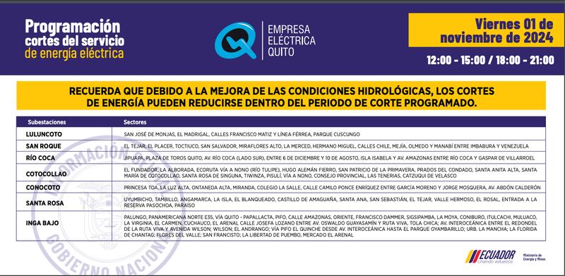 Cronograma de cortes de luz del viernes 1 al lunes 4 de noviembre en Quito