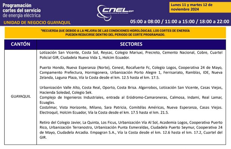 Cortes de luz en Guayaquil el 11 y 12 de noviembre