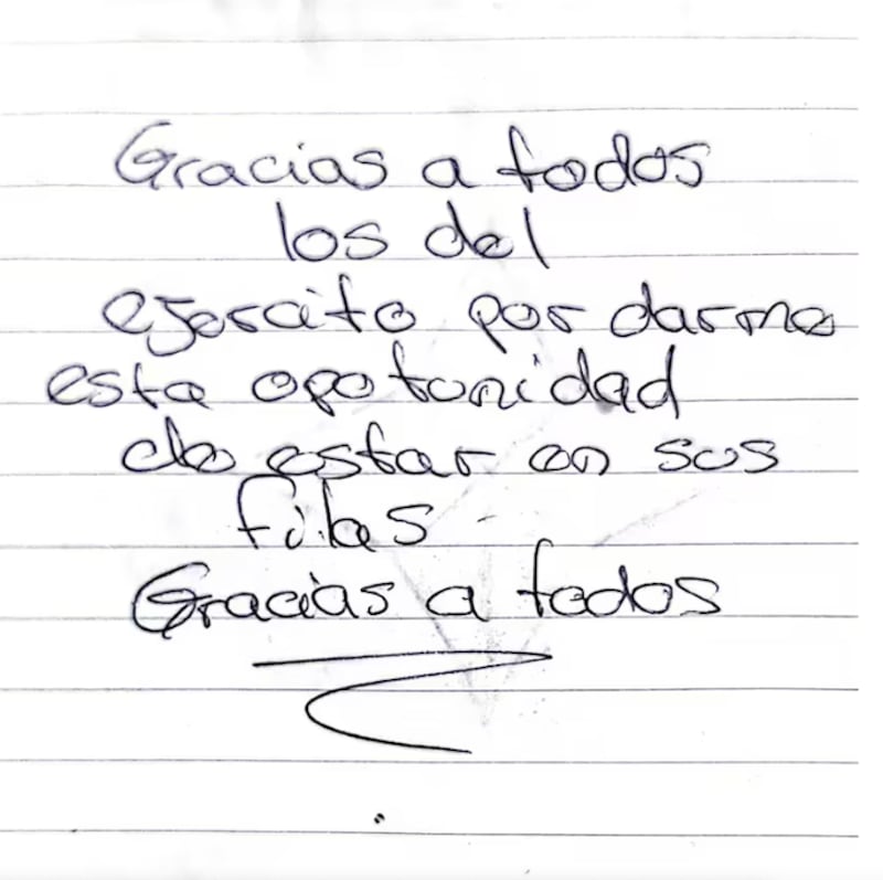 La carta que dejo un militar luego de quitarse la vida tras ser extorsionado en Argentina. Captura de pantalla