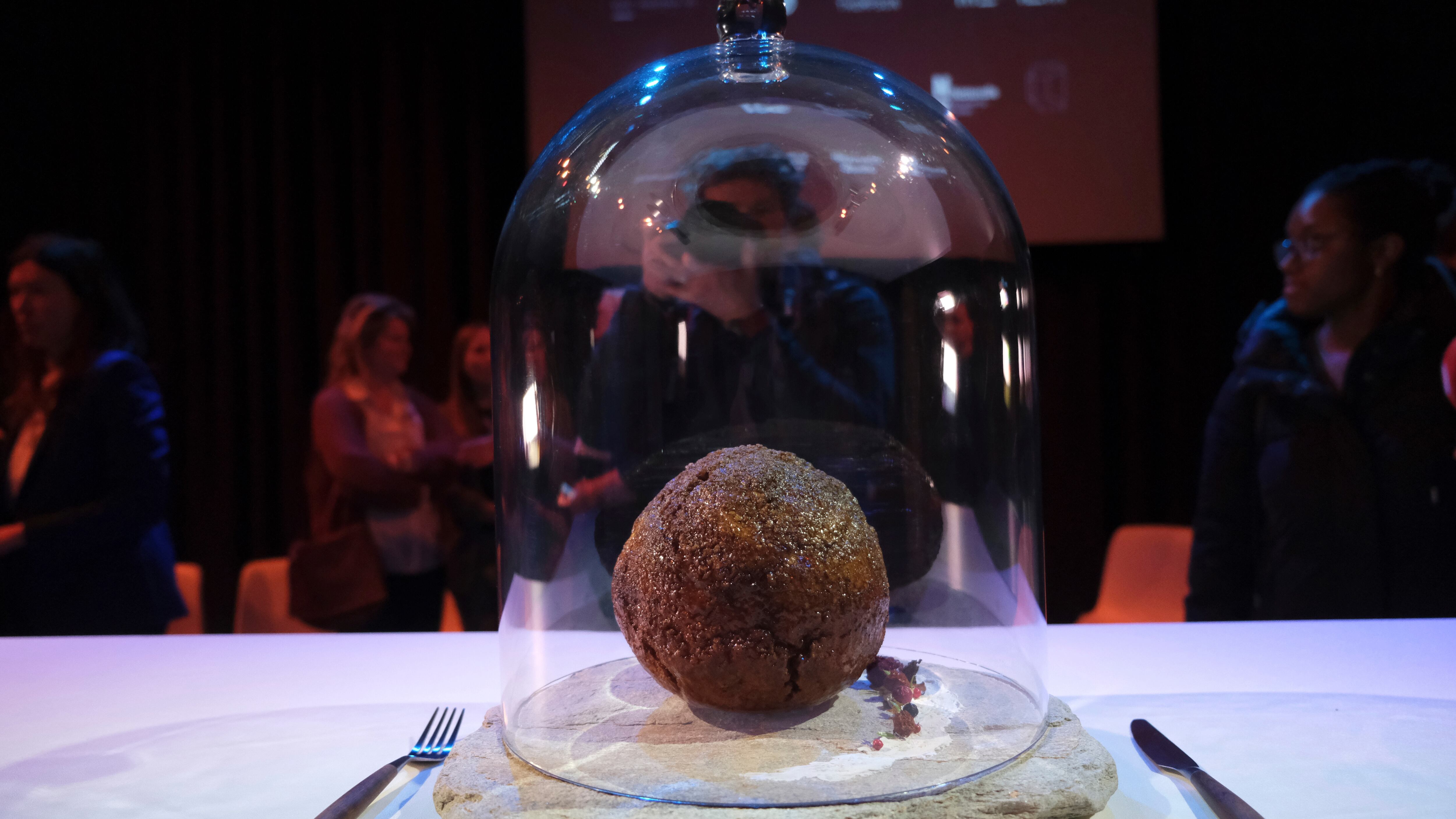 Una albóndiga hecha usando código genético de un mamut vista en el museo de ciencias Nemo, en Ámsterdam.