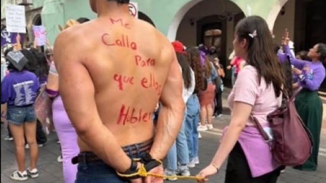 Exhiben a presunto aliado feminista como deudor alimentario en marcha del 8M en Tlaxcala