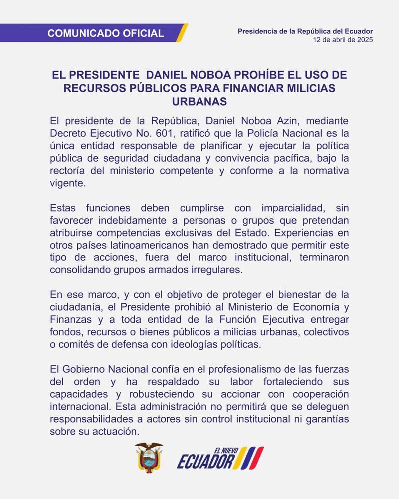 Noboa sobre milicias urbanas