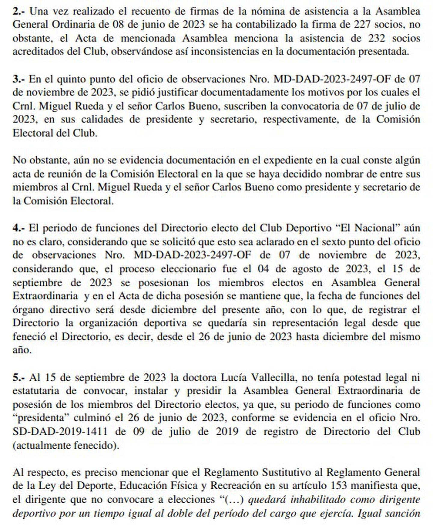 Comunicado Ministerio del Deporte, caso El Nacional