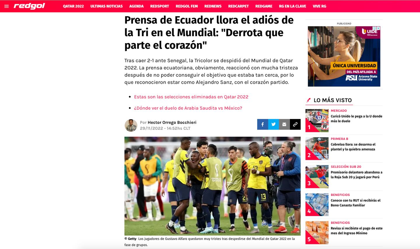 Ecuador queda fuera del Mundial tras ser derrotado por Senegal
